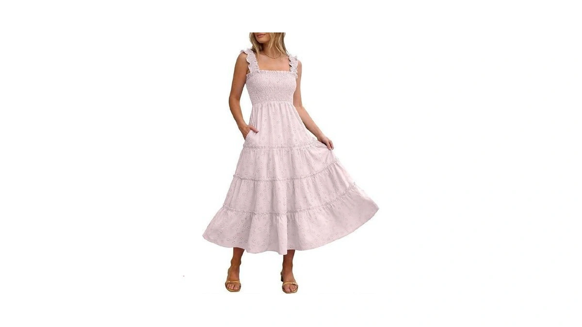 Caracilia Womens Summer Midi Dress Casual Square Neck Sleeveless Eyelet