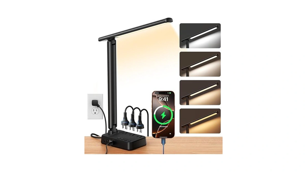Led Desk Lamp With Power Strip, 3 Ac Outlets &