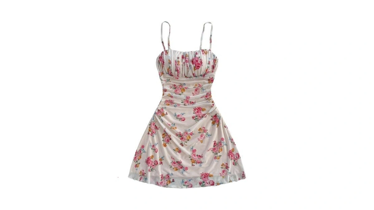 Wdirara Women's Floral Print Ruched Cami Dress Spaghetti Strap Ruffle