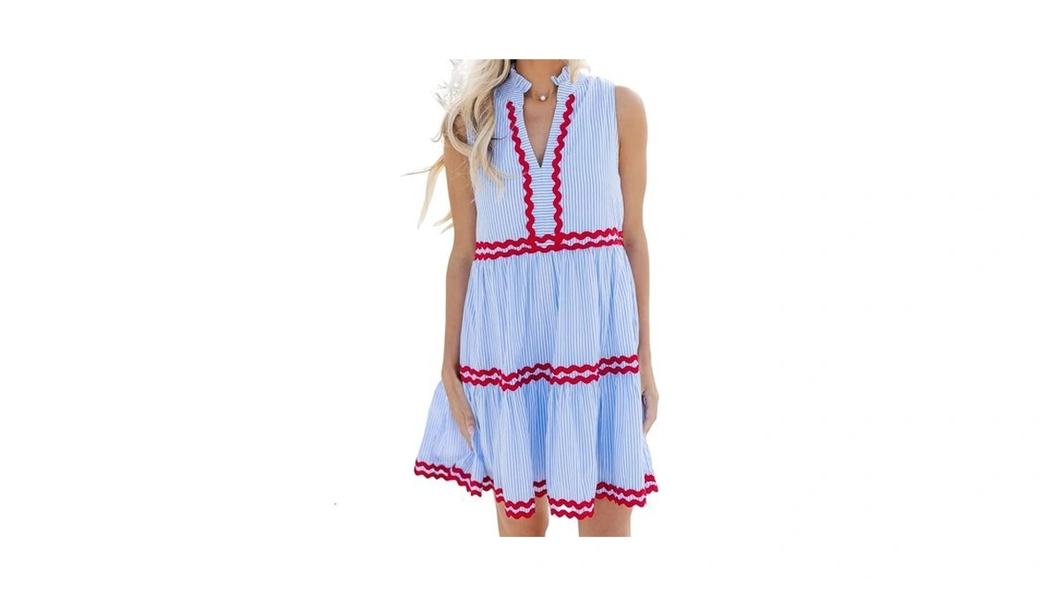 Kuraki Women's July 4th Coastal Nautical Sleeveless Red Ric Rac