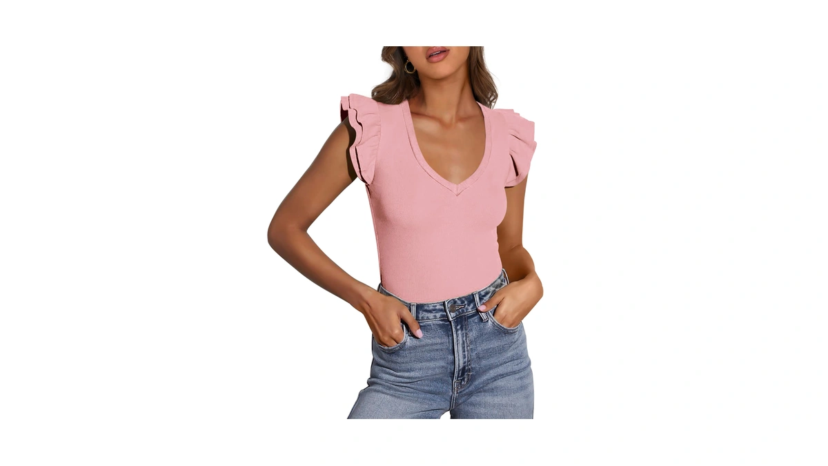 Prettygarden Womens V Neck Summer Tops Ruffle Sleeveless Slim Fit