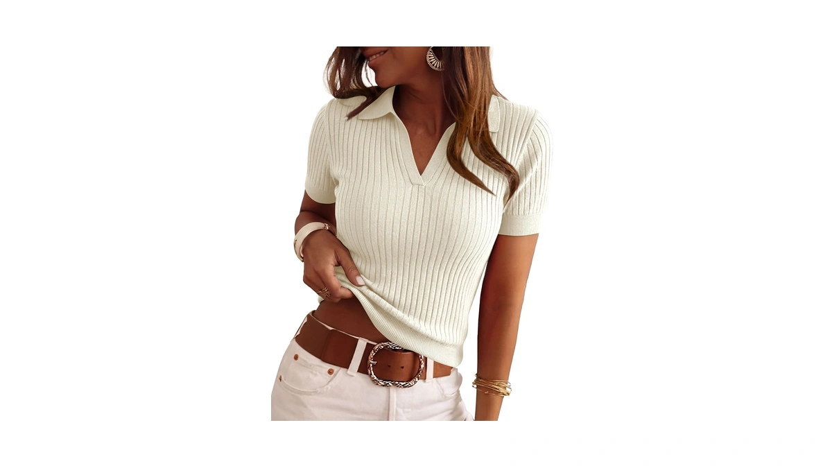 Prettygarden Women's Short Sleeve Sweater 2026 Spring Polo Shirts Ribbed