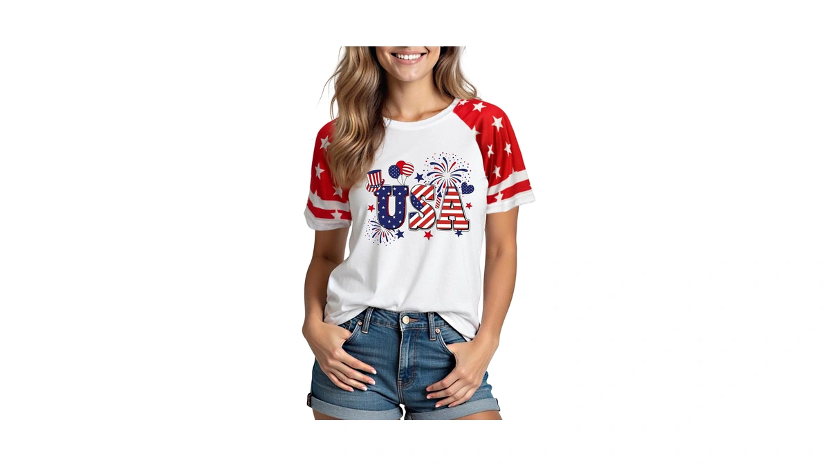 Xlievo 4th Of July Shirts Women:usa Color-blocking Short-sleeve American Flag