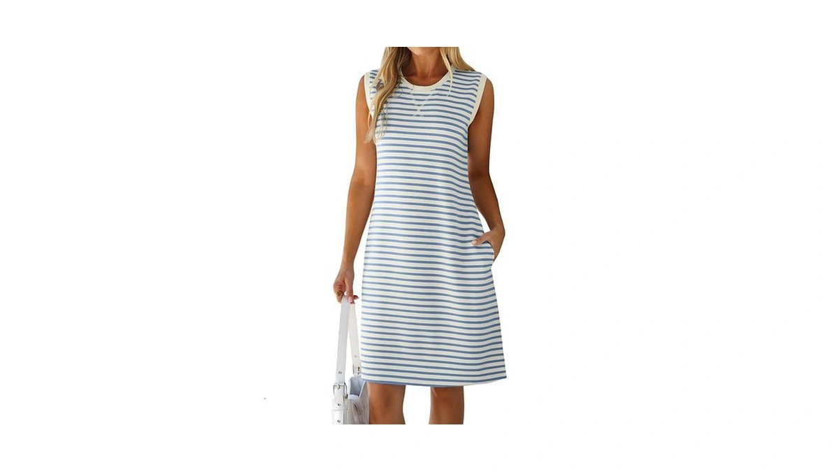 Glamaker Womens Summer Tshirt Dresses - Casual Sleeveless Striped Shift