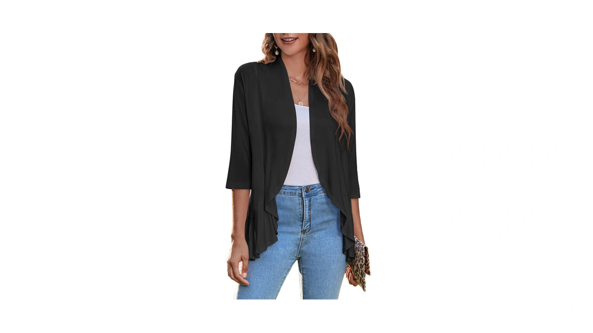 Zeagoo Women's Open Front Cardigan 3/4 Sleeve Draped Ruffles Soft