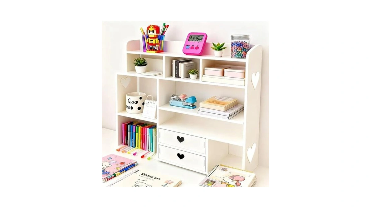 Frawenleco White Heart Drawer Bookshelf, Desktop Organizer With Shelves &