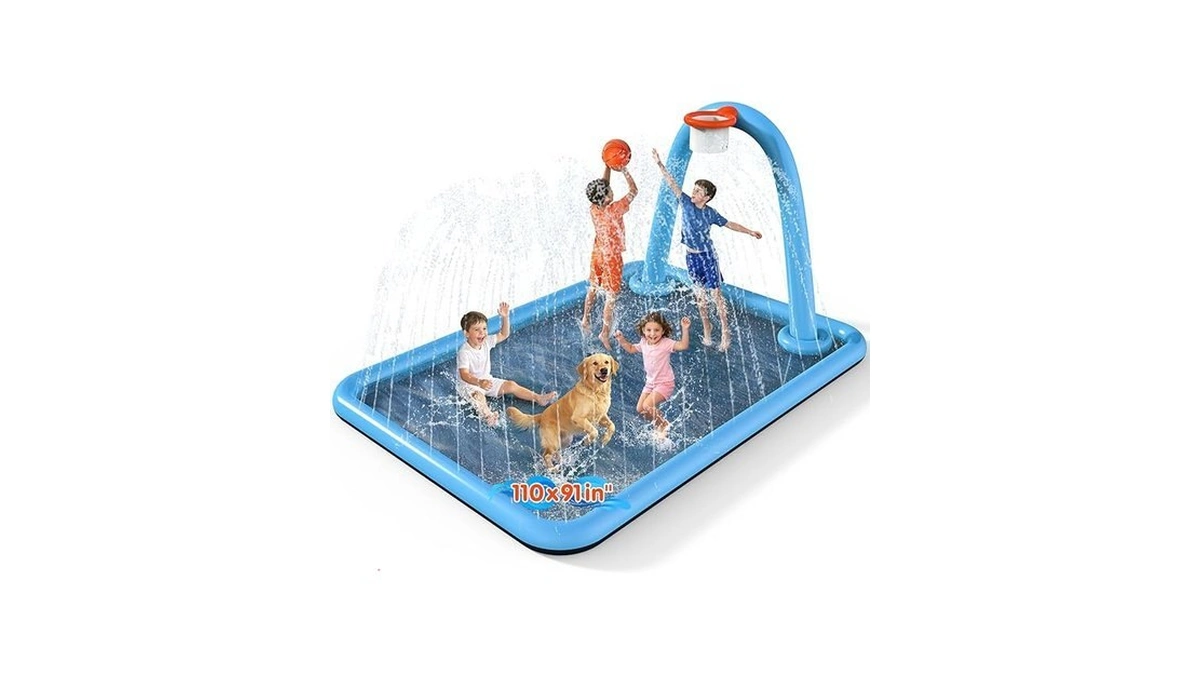 Instraella Splash Pad, 110x91'' 2-in-1 Large Sprinkler Mat With Basketball