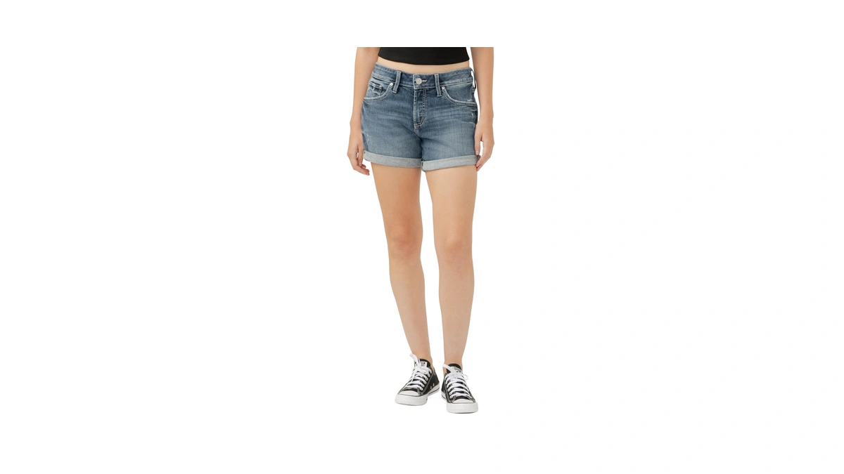 Silver Jeans Co. Women's Boyfriend Mid Rise Shorts, Dark Wash,