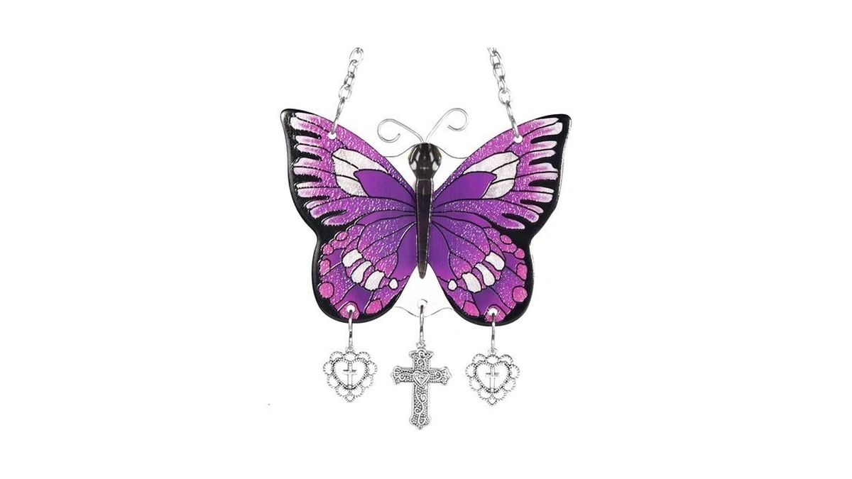 Purple Butterfly Glass Window Suncatcher With Stainless Steel Cross Charm,