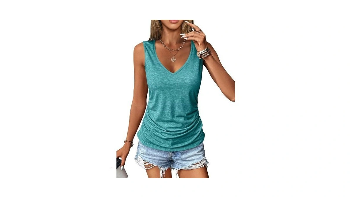 Micticsi Womens Ruched Tank Tops V Neck Sleeveless Shirts Slim