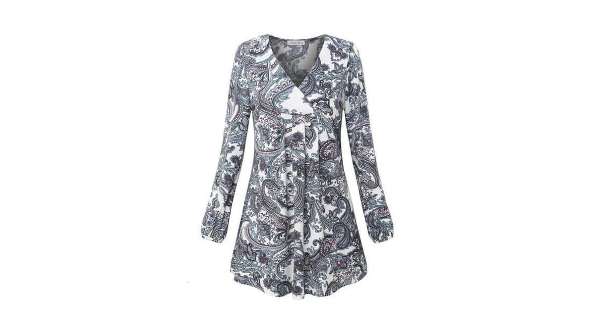 Moqivgi Paisley Tops,junior Vneck Long Sleeve Cute Swing Pleated Tunics