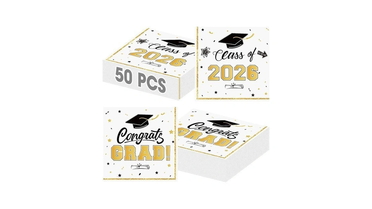 50 Pcs Graduation Napkins Decorations - White Gold Class Of