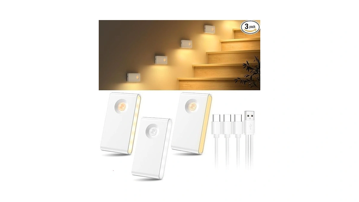 Yiamia Stair Lights Motion Sensor Indoor, 3-pack Rechargeable Night Lights