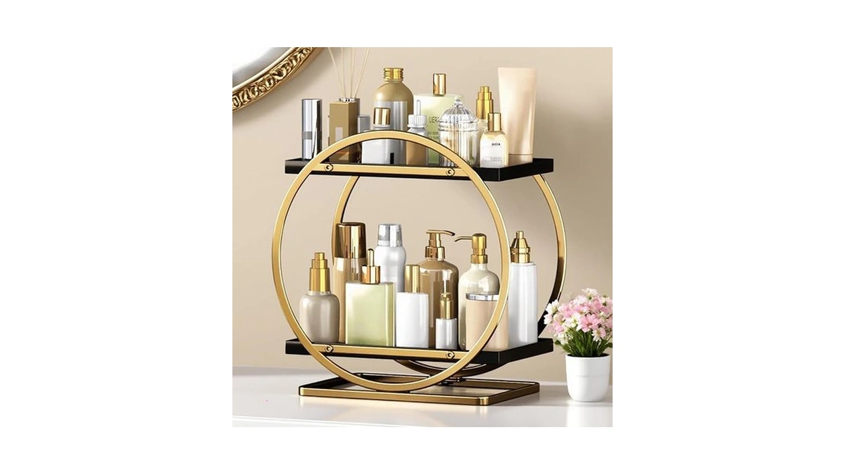 Yiwanfw Makeup Organizer For Vanity, Black Gold Perfume Organizer For