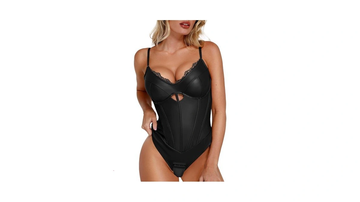 Popilush Body Suits For Womens Leather Lace V Neck Shapewear