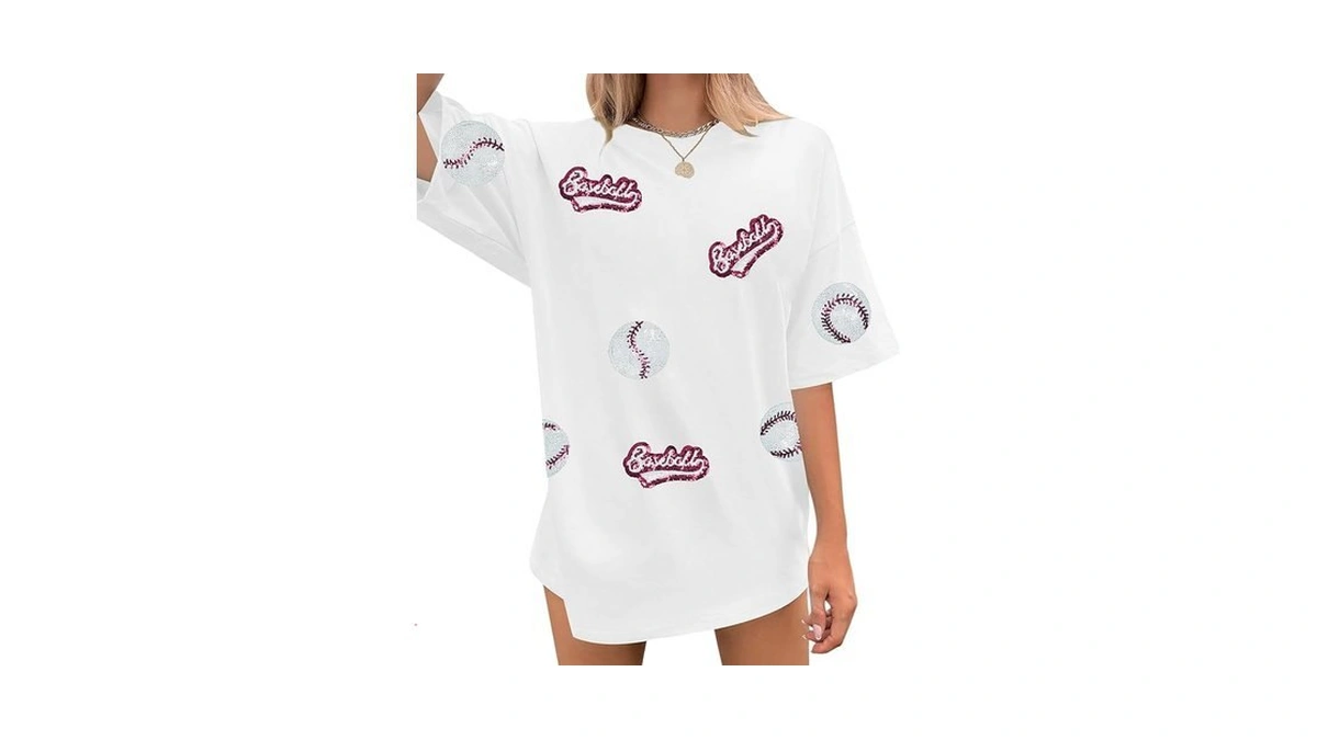 Baseball Shirts Women Oversized Sparkle Sequin Baseball Graphic Tee Baseball