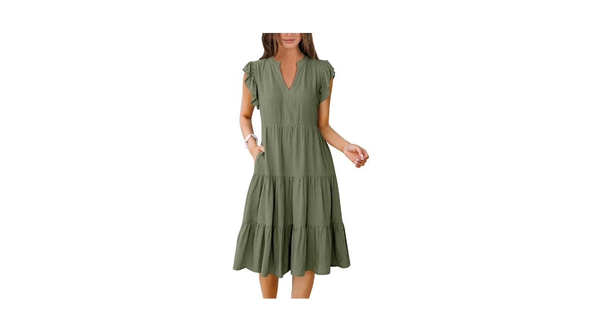 Anrabess Womens Summer Dress Ruffle Sleeve V Neck Midi Dresses