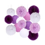 Purple Birthday Party Decorations Paper Lanterns And Pom Poms 15pcs