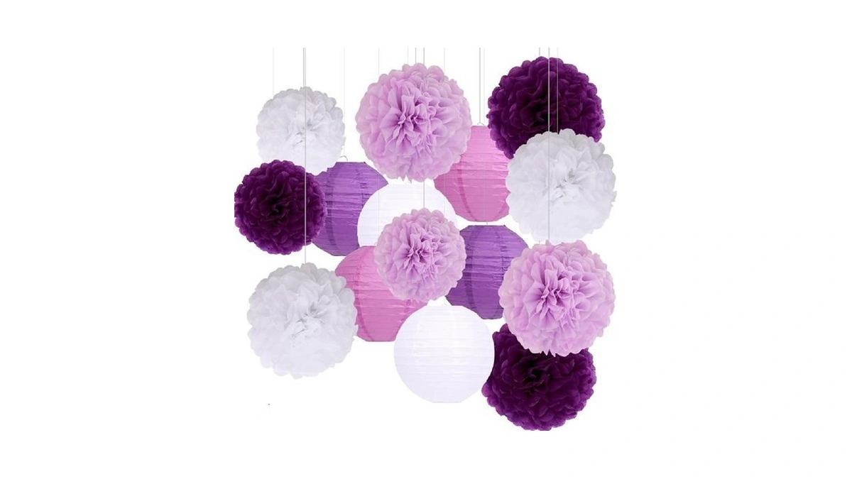 Purple Birthday Party Decorations Paper Lanterns And Pom Poms 15pcs