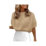 Fisoew Womens Cropped Knit Shirts Casual Puff Short Sleeve Crewneck
