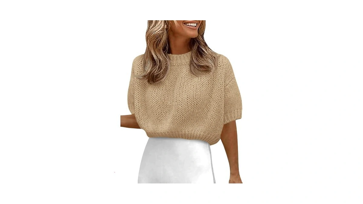 Fisoew Womens Cropped Knit Shirts Casual Puff Short Sleeve Crewneck