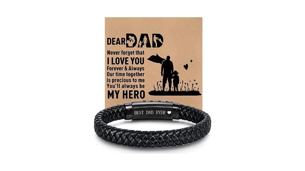 Fathers Day Gift For Dad Mens Leather Bracelet, Adjustable Black