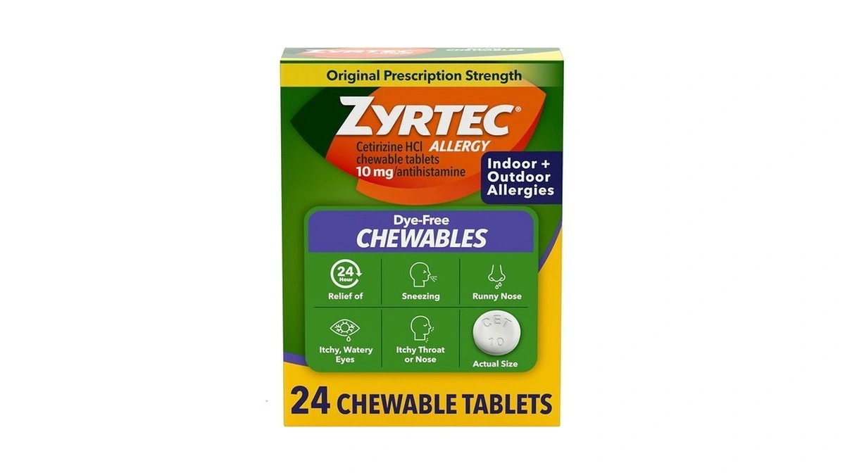 Zyrtec 24 Hour Allergy Relief Chewable Tablets, 10 Mg Cetirizine