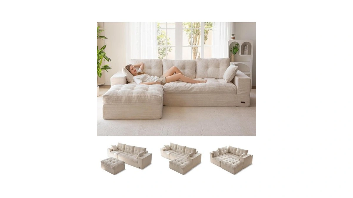 Maxyoyo 104" L Shaped Modular Sectional Sofa With Ottoman, Cloud