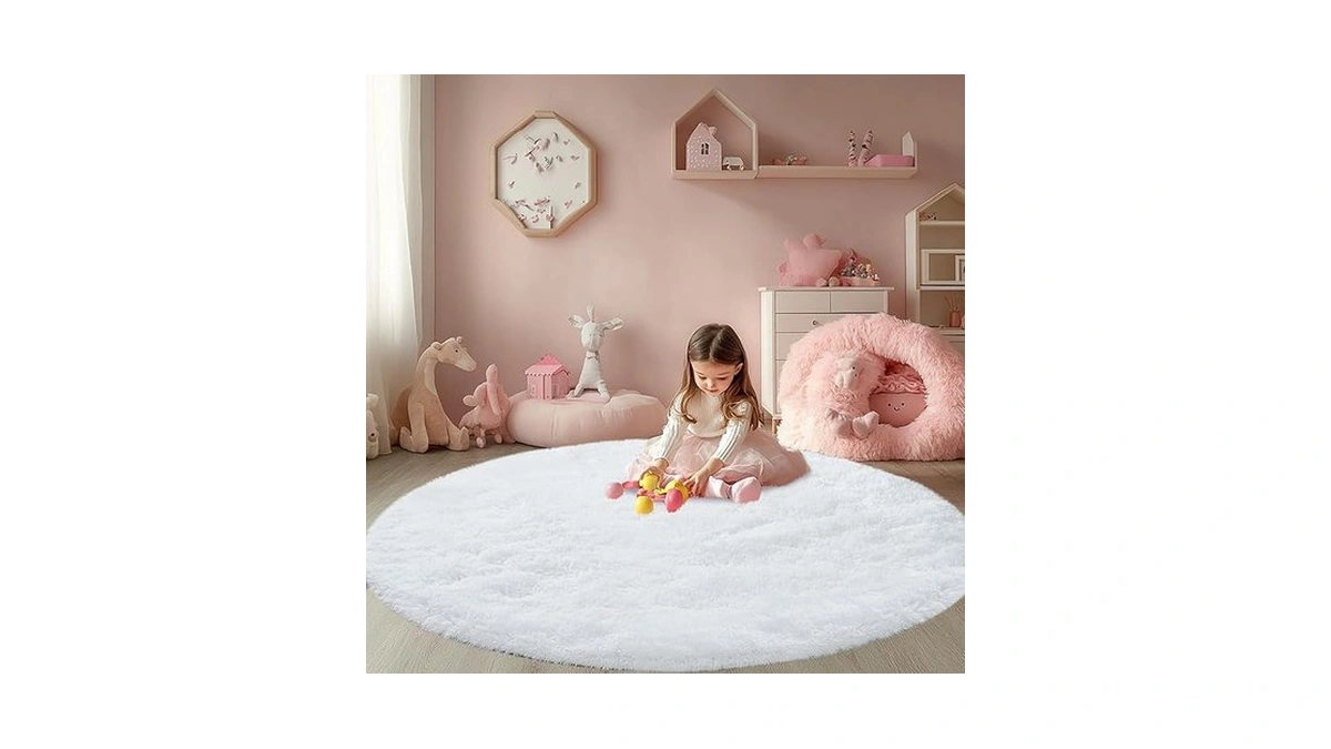 Round Fluffy White Rug 4x4ft: Ultra Soft Furry Girls Bedroom