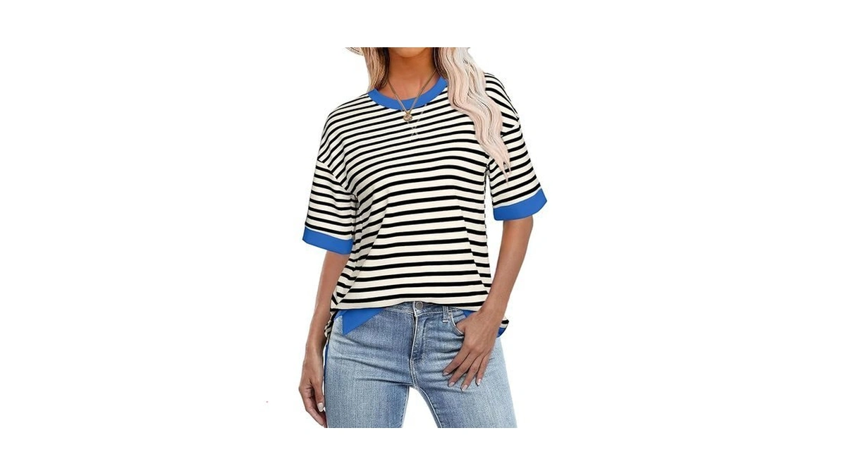 Glamaker Short Sleeve Lightweight Sweatshirt For Women Crewneck Striped Shirt