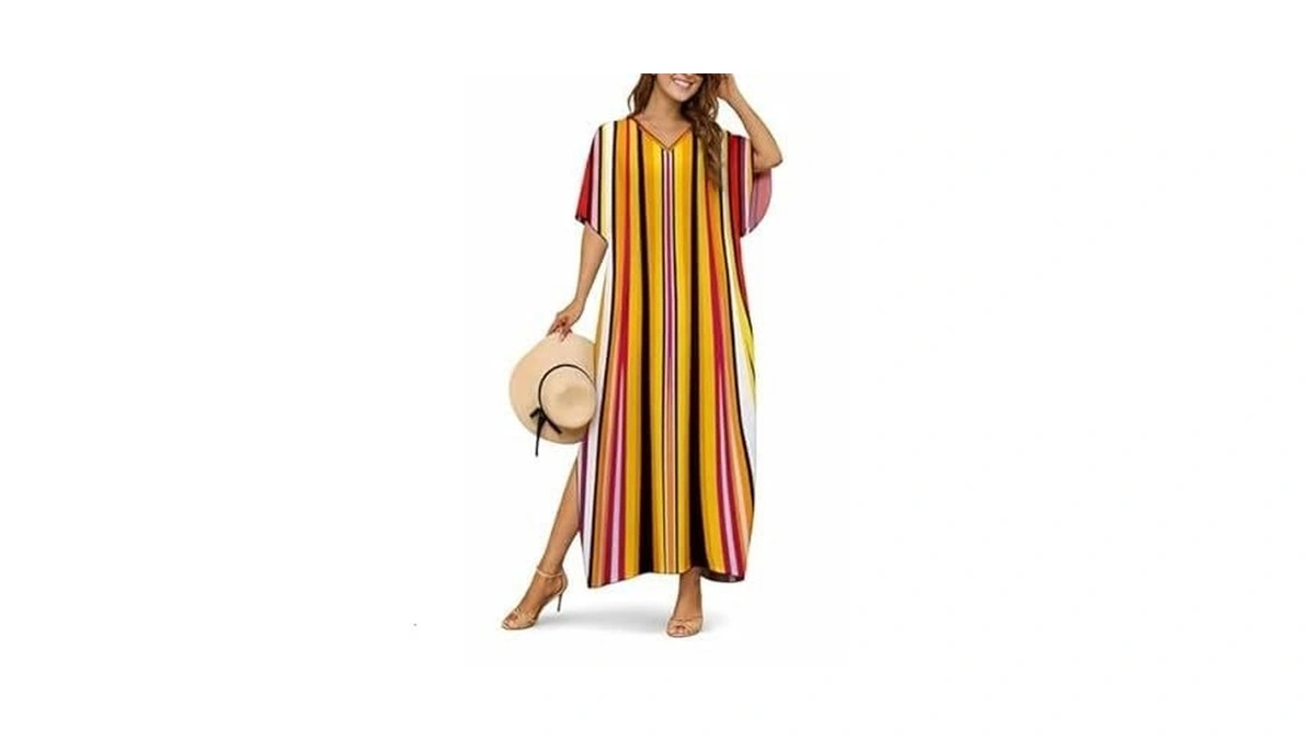 Zirhysta Kaftan Dresses For Women, V Neck Short Sleeve Beach