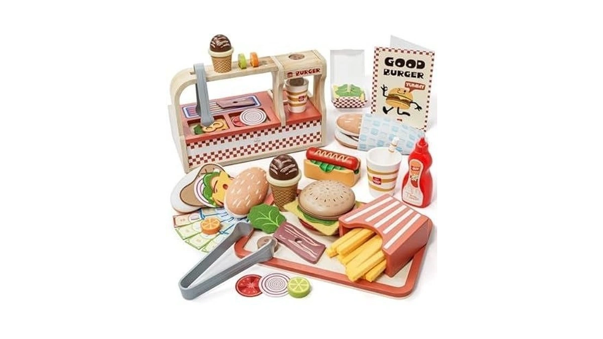 Lehoo Castle Wooden Play Food Sets, Play Hamburger Counter Shop,