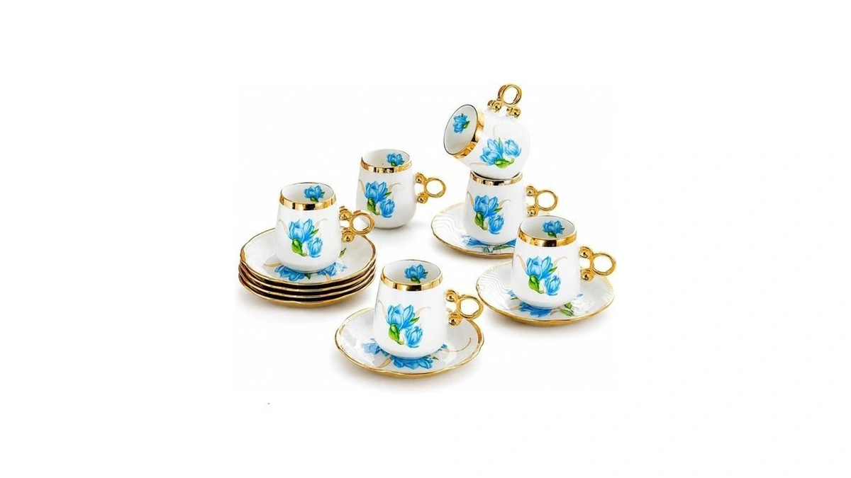 Porcelain Tea Cups And Saucers Set Of 12, Blue Floral