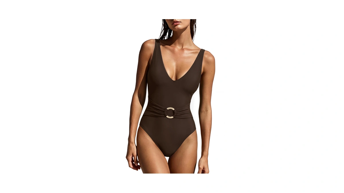 Suuksess Women Retro One Piece Swimsuit Gold Metal Tummy Control