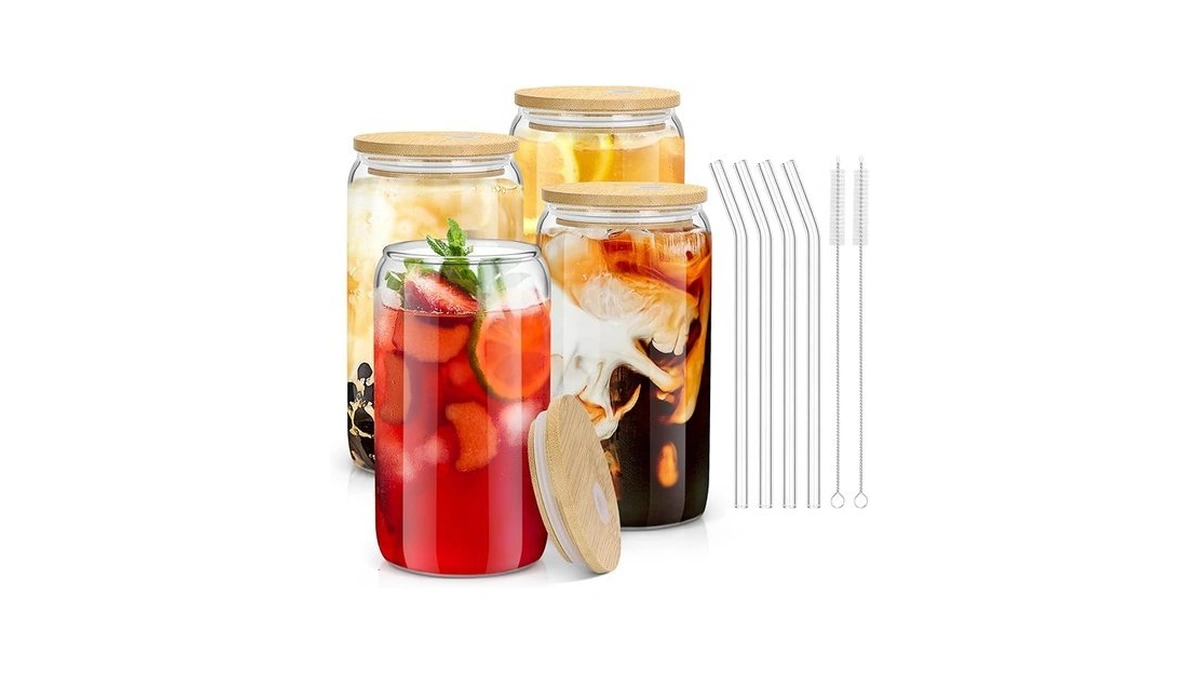 Sungwoo 4pcs Glass Cups With Bamboo Lids And Straws, 16oz