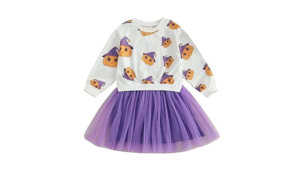 Toddler Baby Girl Hallween Dress Pumpkin Printed Long Sleeve Tulle