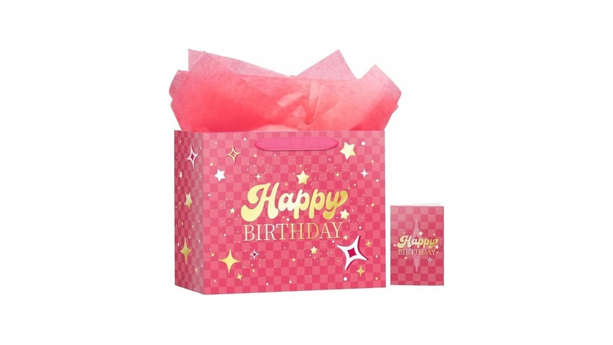 Motigiftie 13" Pink Happy Birthday Gift Bag With Tissue Paper