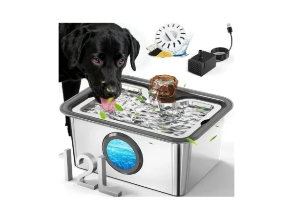 Stainless Steel Dog Water Fountain: 3-gal Large Capacity, Ultra Quiet