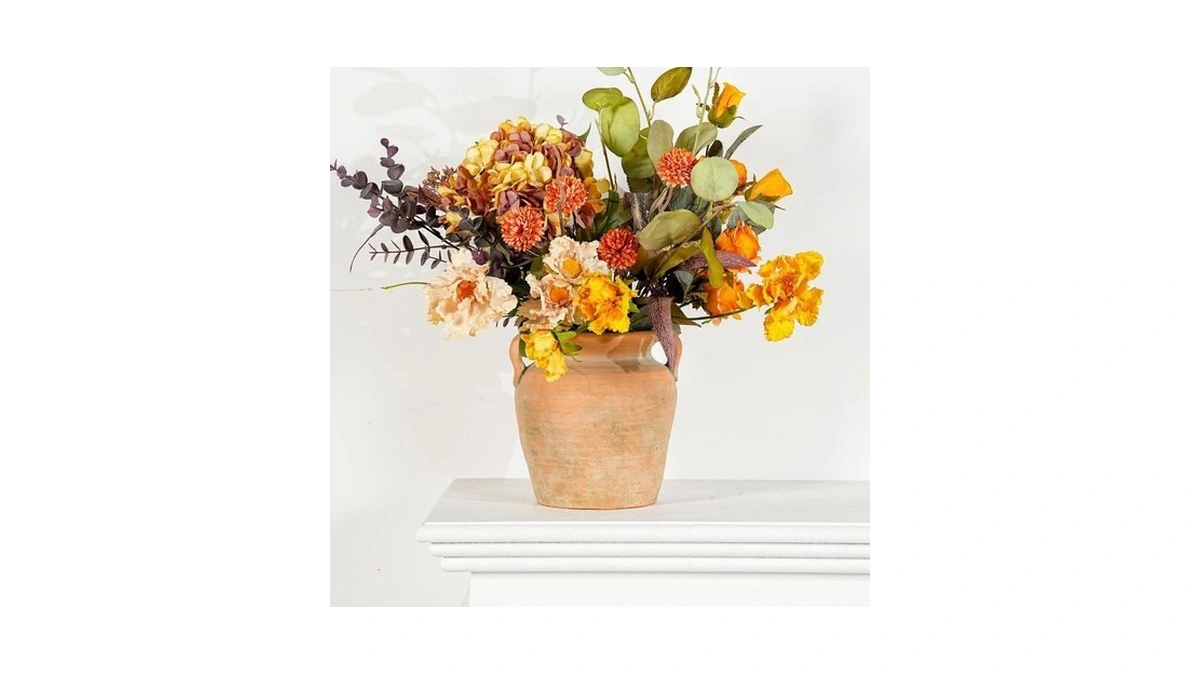 Sungmor Rustic Ceramic Flower Vase With Handles, Decorative Pottery Vase