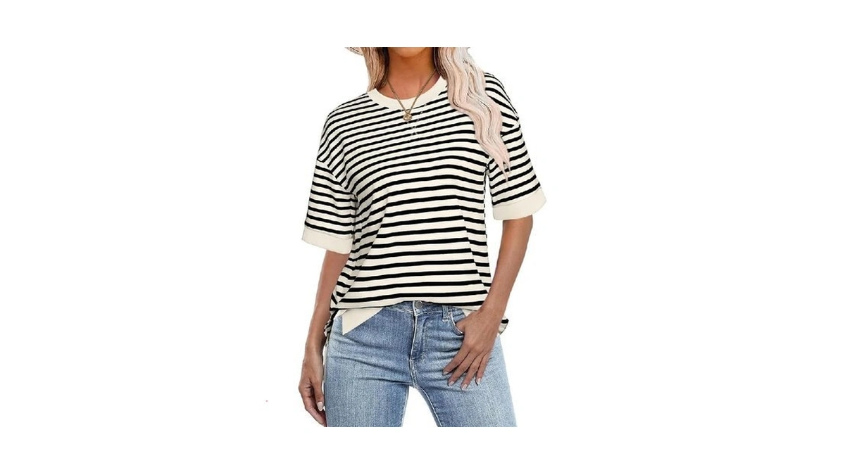 Glamaker Short Sleeve Lightweight Sweatshirt For Women Crewneck Striped Shirt