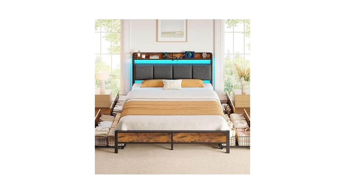 Rolanstar Bed Frame Full Size With Charging Station And Led