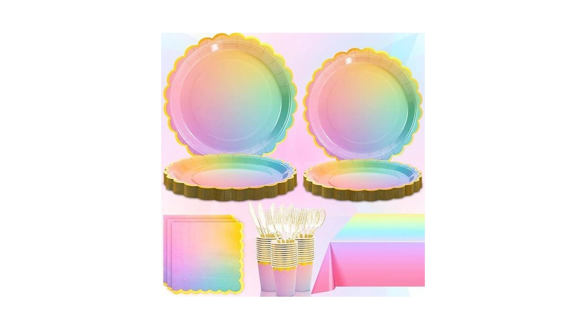 Gudvilla 169 Pcs Rainbow Birthday Decorations, Rainbow Plates, Pastel Birthday