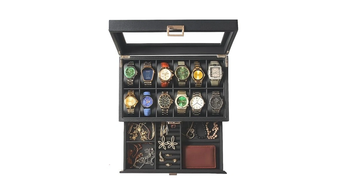 12-slot Watch Box In Pu Leather With Valet Drawer, 2-tier
