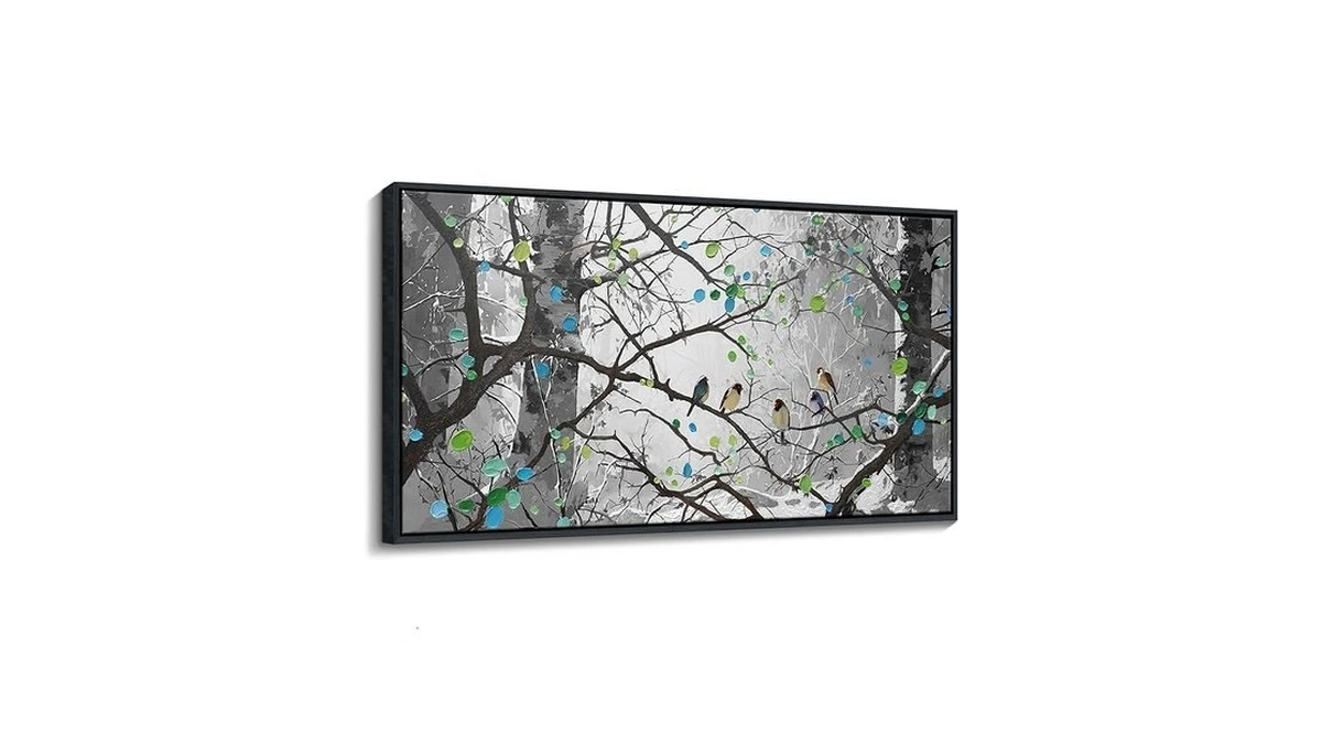 Grey Wall Art Bird On Branch Misty Forest Canvas Artwork
