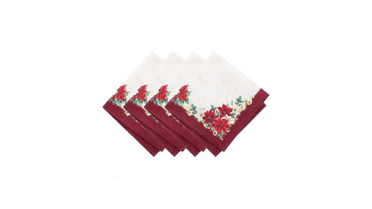 Elrene Home Fashions Poinsettia Garlands Holiday Engineered Napkins, Set Of