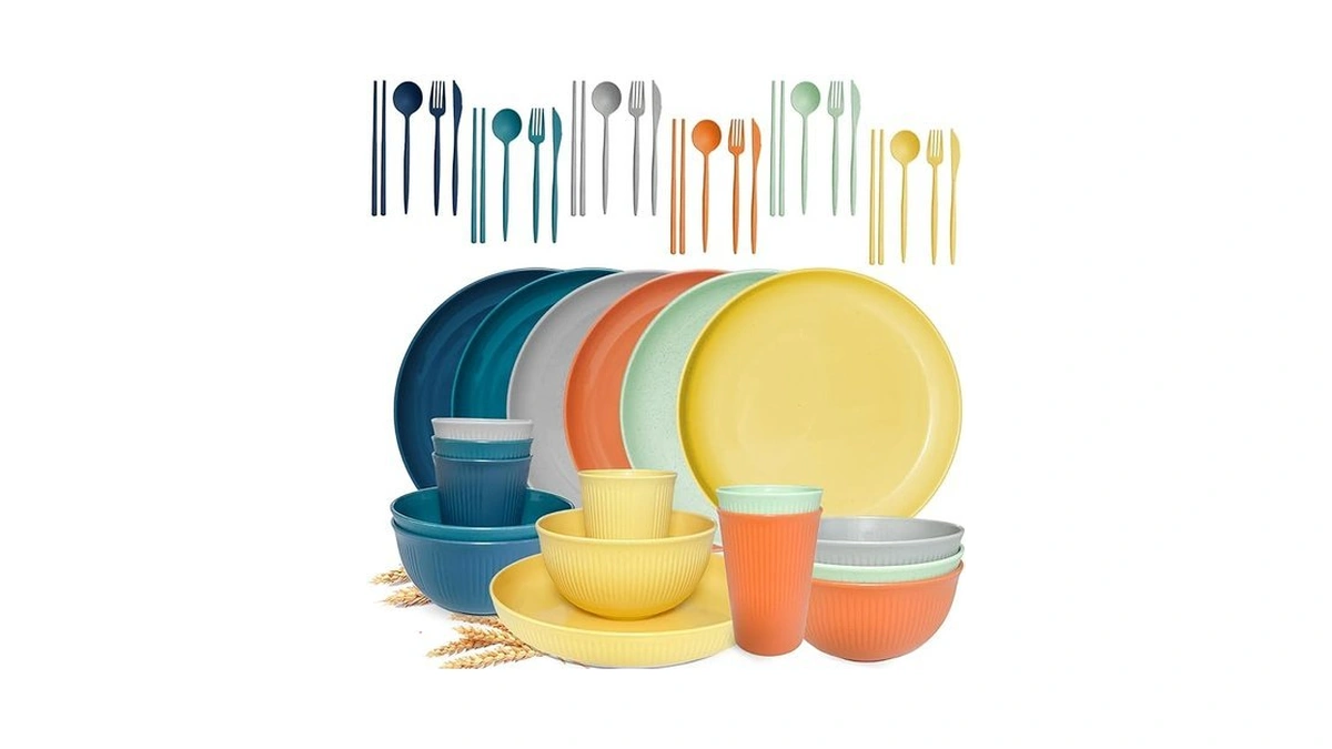 Shecipin 42pcs Wheat Straw Dinnerware Sets, Unbreakable Plates And Bowls