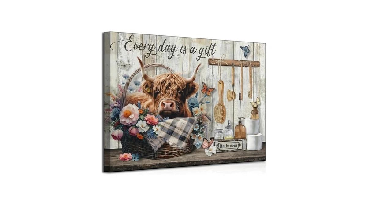 Funny Highland Cow Bathroom Canvas Wall Art Rustic Vintage Farmhouse