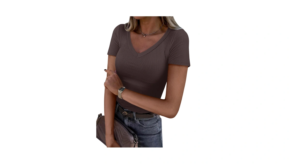 Anrabess Women Short Sleeve V Neck Ribbed Knit Fitted Shirts