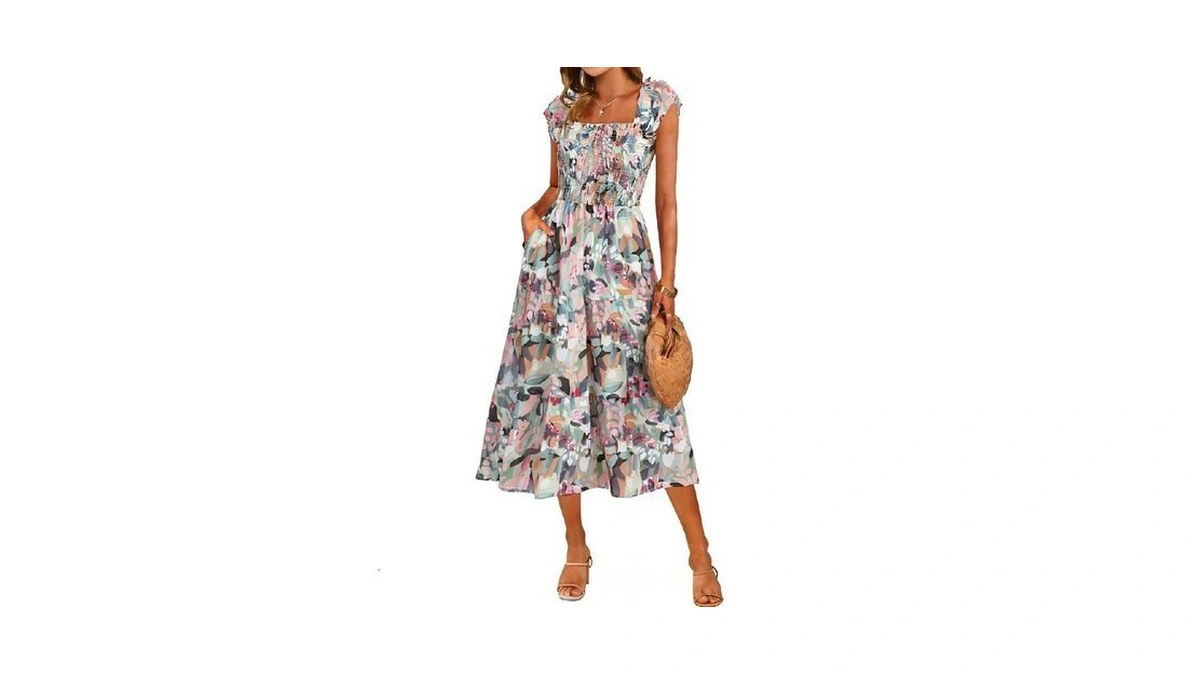 Simplee Women Floral Summer Sun Dress Flutter Sleeve Smocked Chiffon
