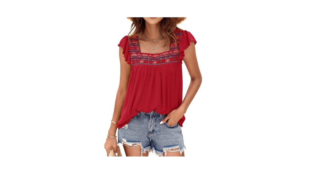 Dorose Womens Babydoll Tops Summer Square Neck Mexican Embroidered Flowy